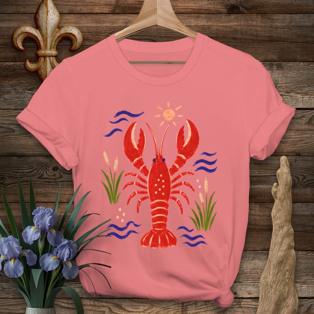 S / Coral Silk Louisiana Sunny Day Crawfish T-Shirt by Laissez Faire Wear
