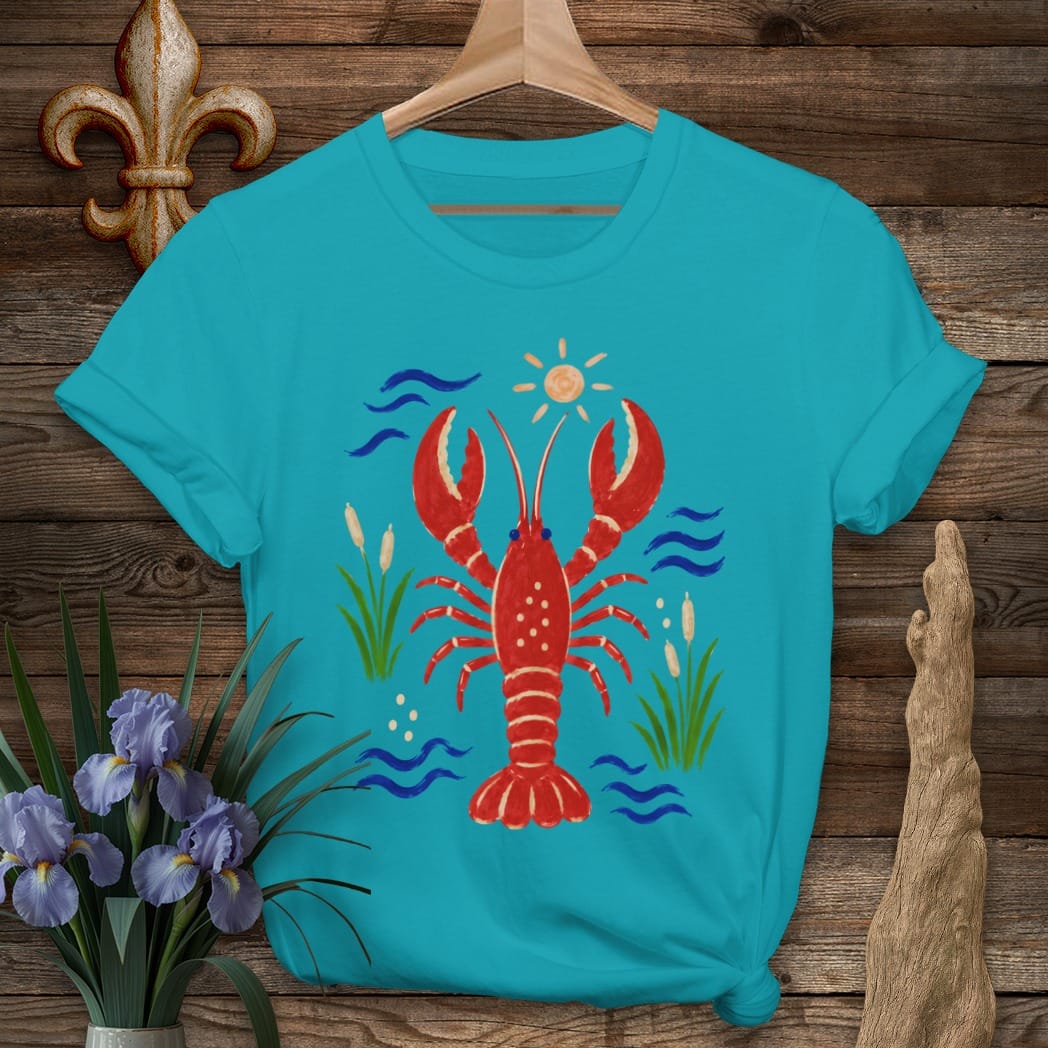 S / Tropical Blue Louisiana Sunny Day Crawfish T-Shirt by Laissez Faire Wear