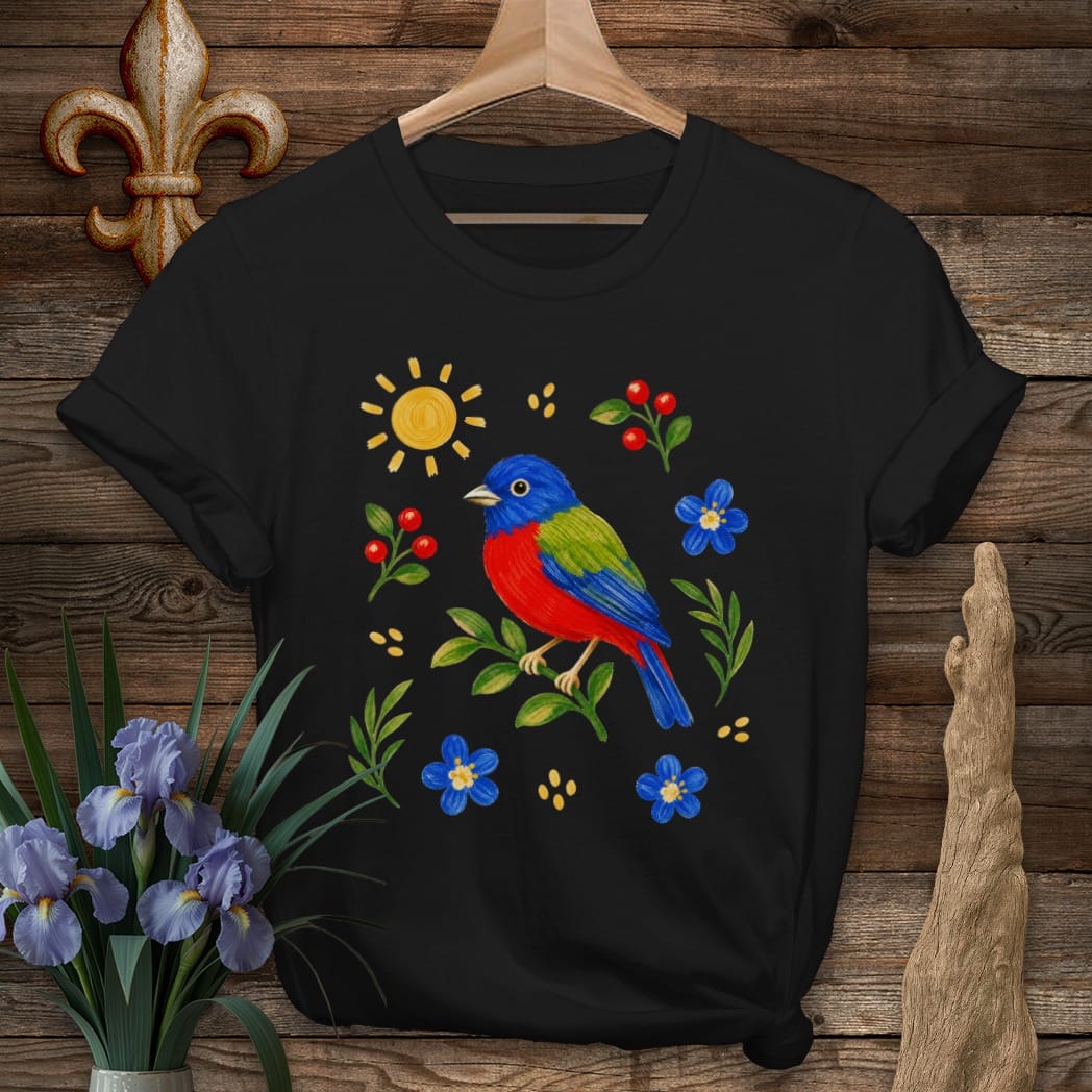 S / Black Louisiana Sunny Painted Bunting T-Shirt by Laissez Faire Wear