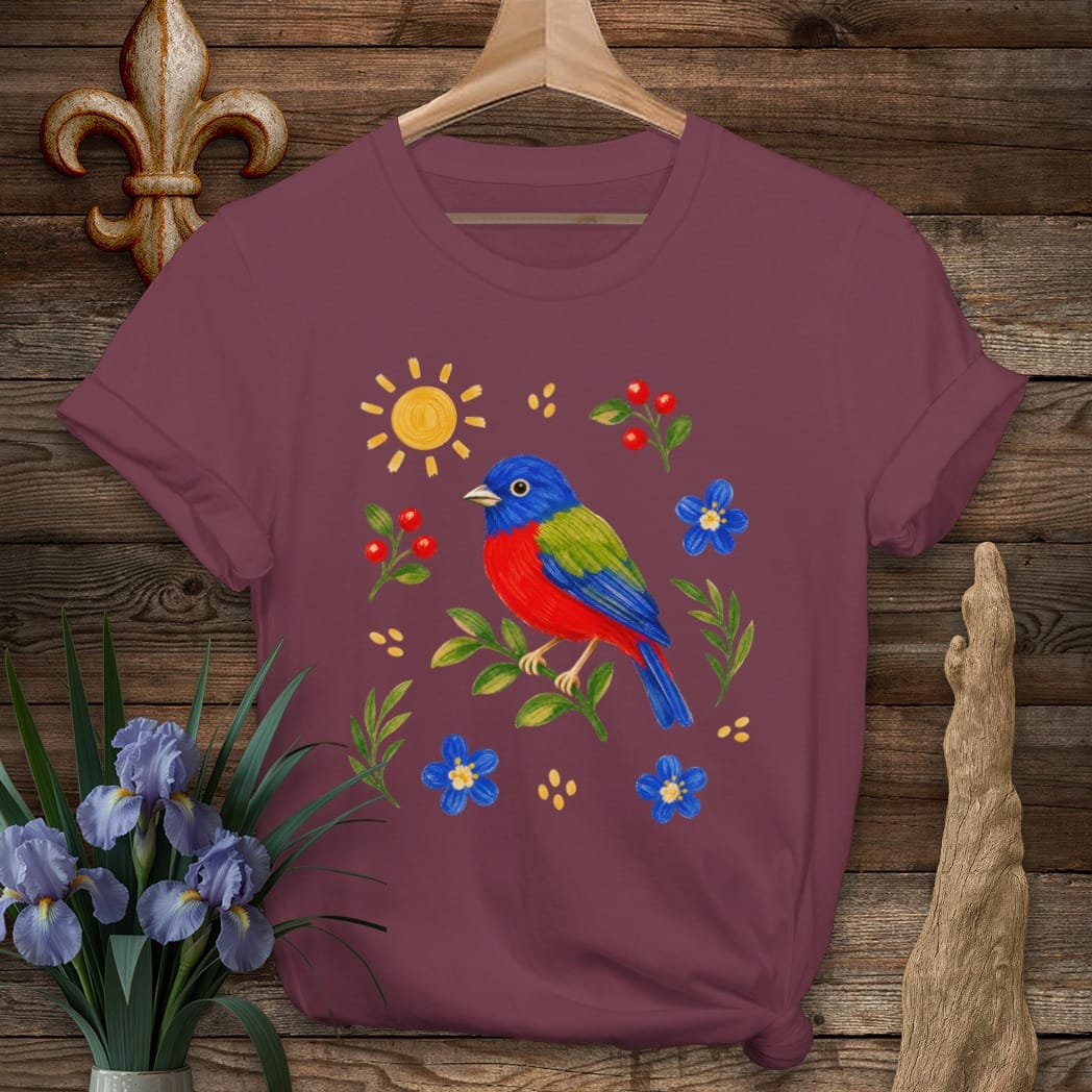 S / Maroon Louisiana Sunny Painted Bunting T-Shirt by Laissez Faire Wear