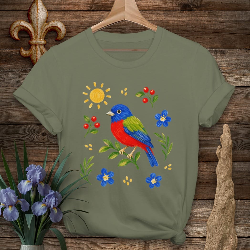 S / Military Green Louisiana Sunny Painted Bunting T-Shirt by Laissez Faire Wear