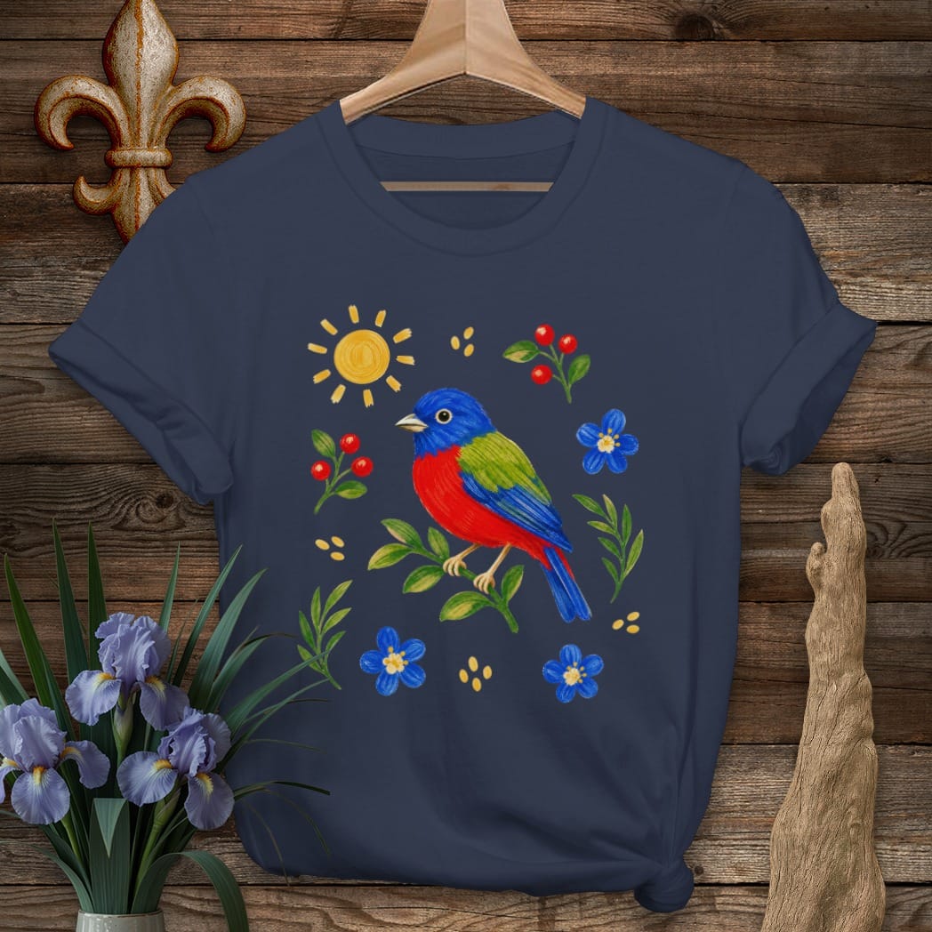 S / Navy Louisiana Sunny Painted Bunting T-Shirt by Laissez Faire Wear