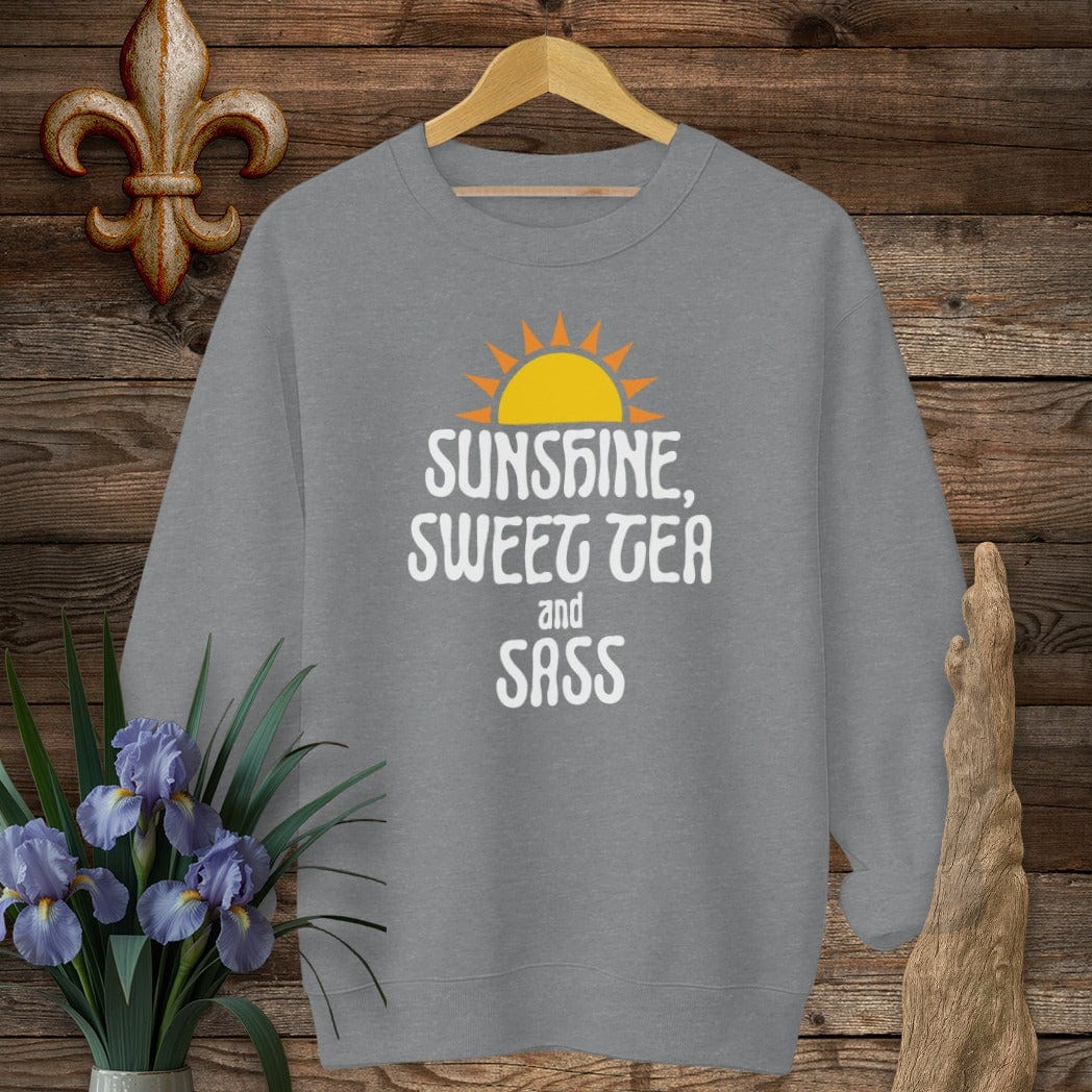 S / Graphite Heather Louisiana Sunshine, Sweet Tea and Sass Sweatshirt by Laissez Faire Wear