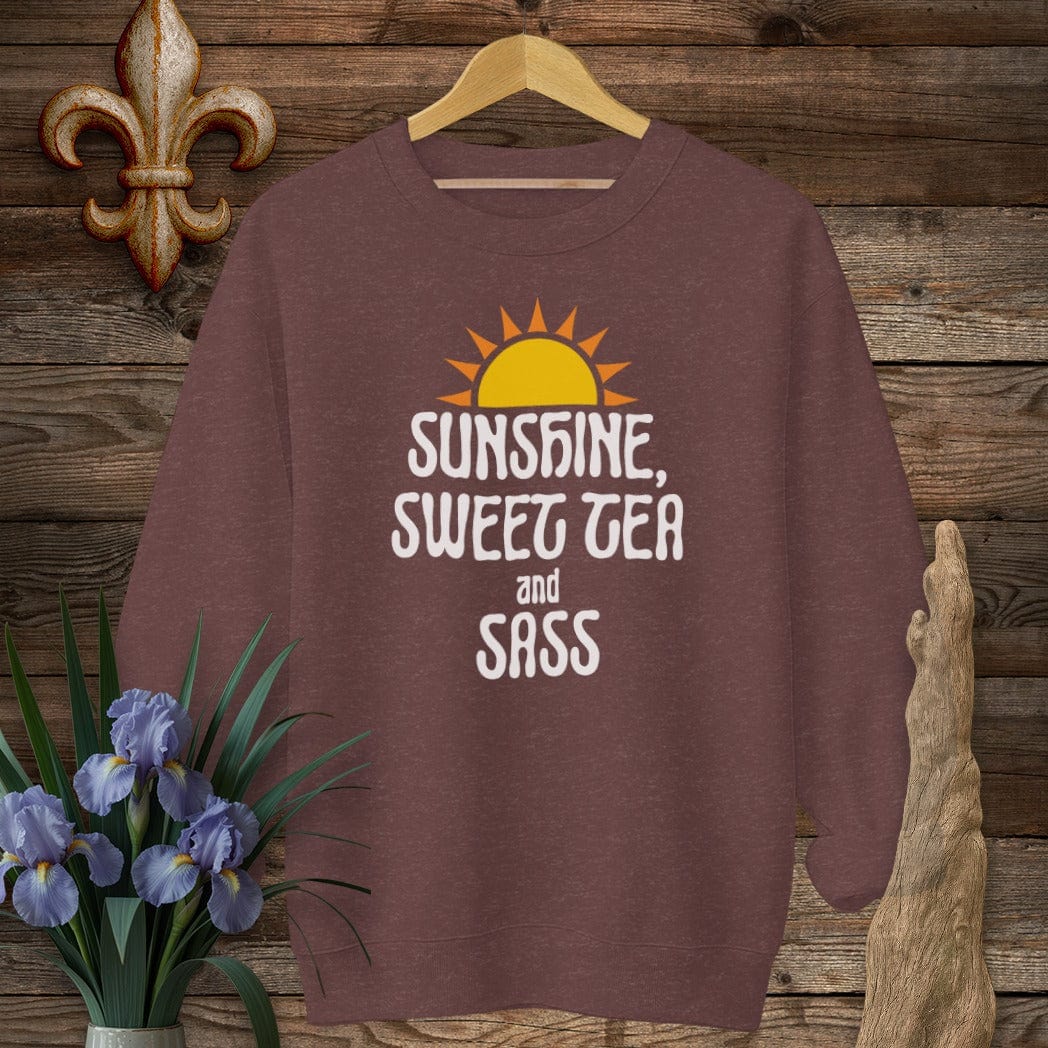 S / Heather Sport Dark Maroon Louisiana Sunshine, Sweet Tea and Sass Sweatshirt by Laissez Faire Wear