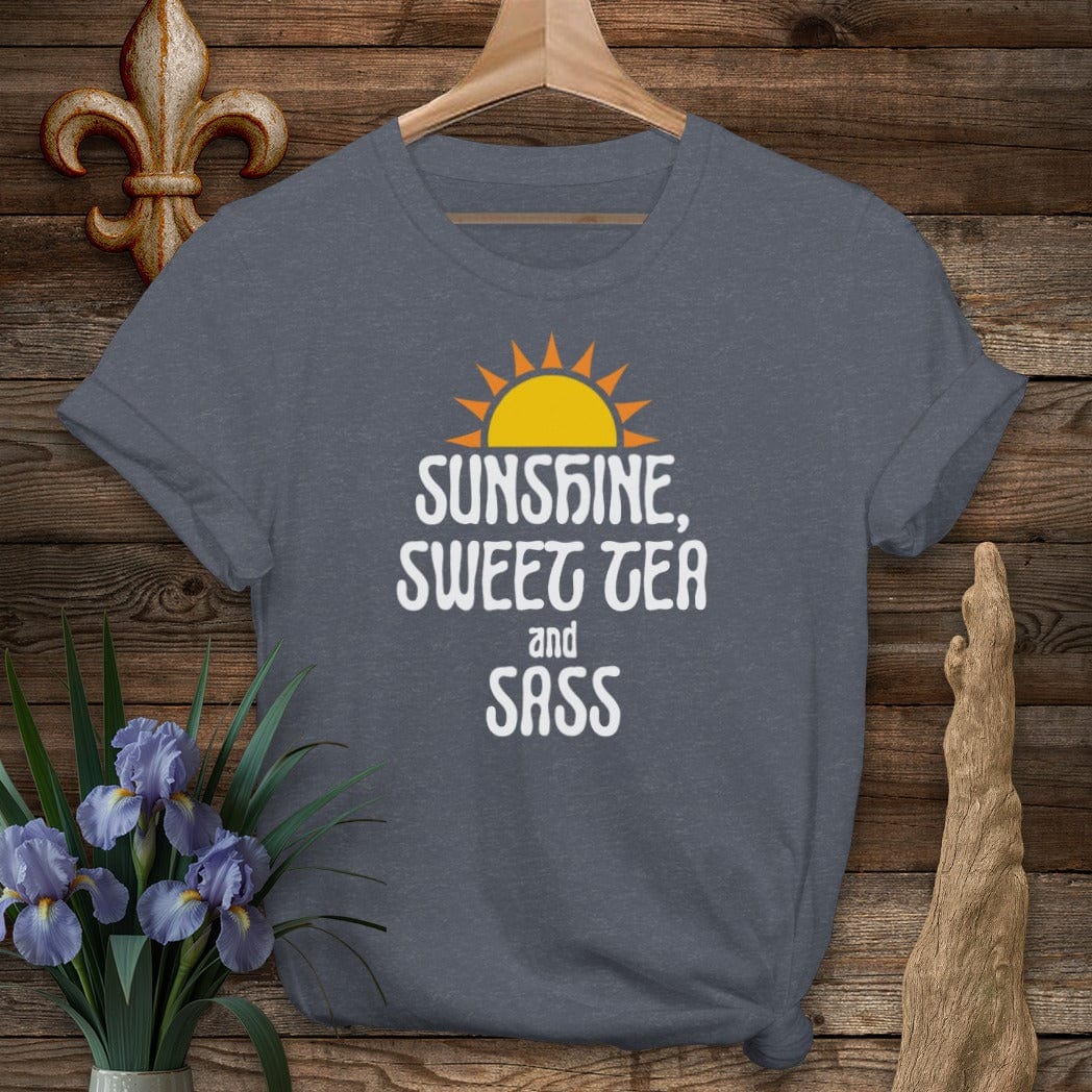 S / Heather Navy Louisiana Sunshine, Sweet Tea and Sass T-Shirt by Laissez Faire Wear