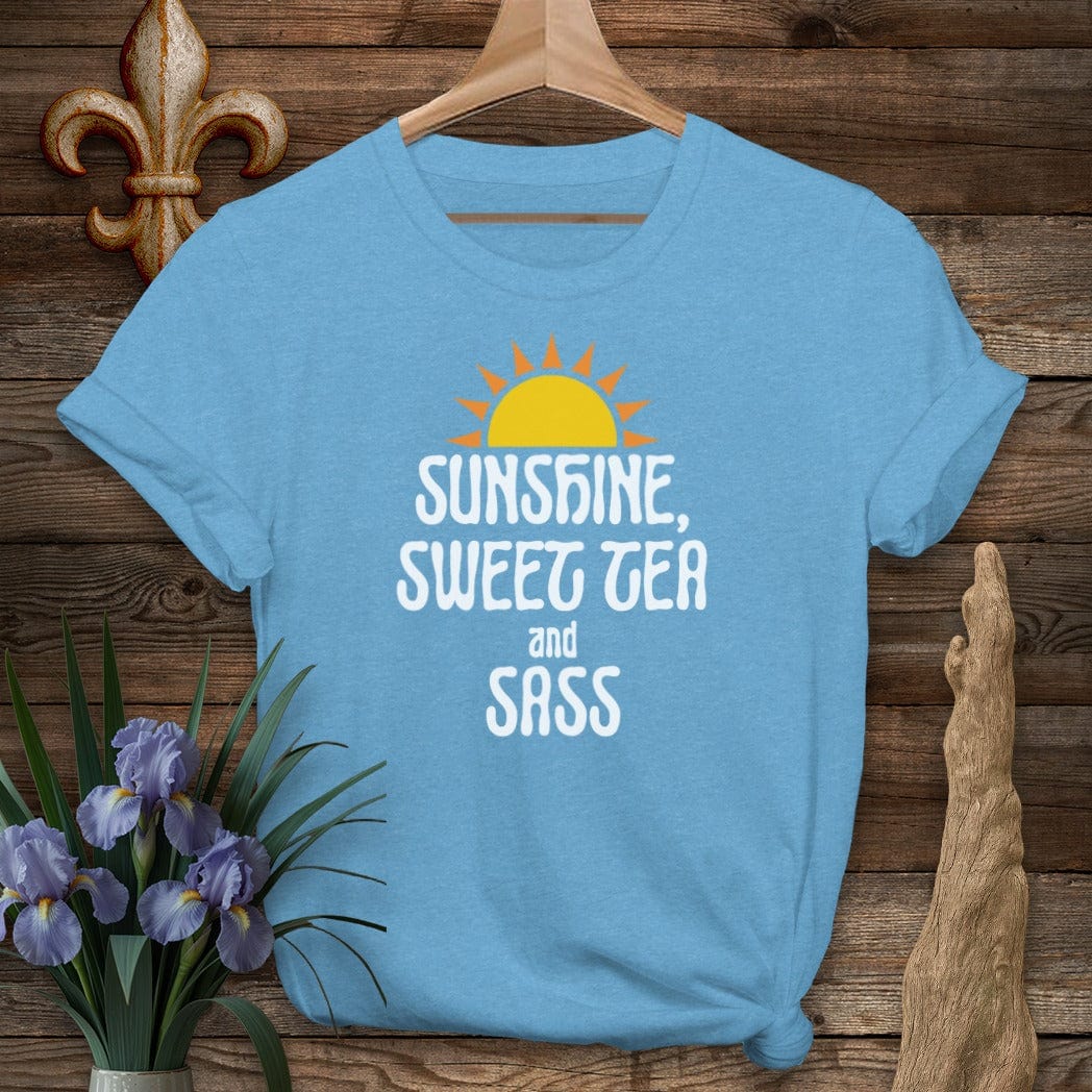 S / Heather Sapphire Louisiana Sunshine, Sweet Tea and Sass T-Shirt by Laissez Faire Wear