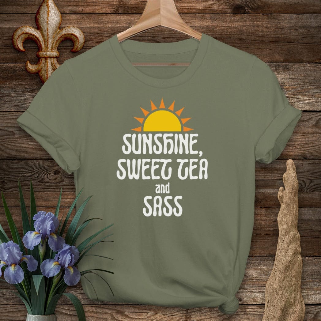 S / Military Green Louisiana Sunshine, Sweet Tea and Sass T-Shirt by Laissez Faire Wear