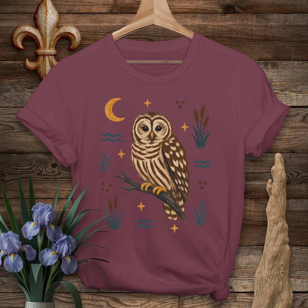 S / Maroon Louisiana Swamp Barred Owl T-Shirt by Laissez Faire Wear