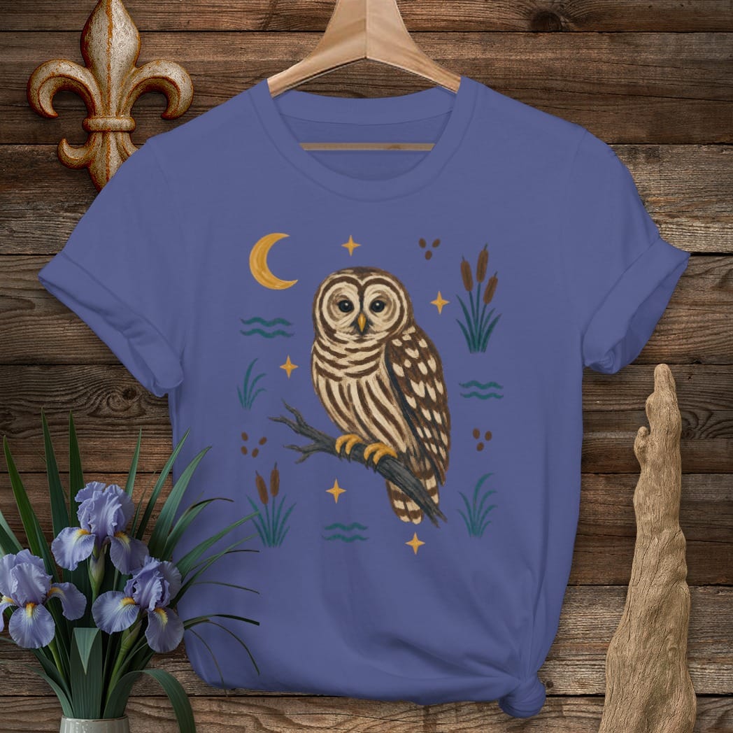 S / Metro Blue Louisiana Swamp Barred Owl T-Shirt by Laissez Faire Wear