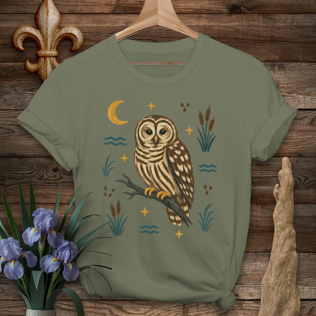 S / Military Green Louisiana Swamp Barred Owl T-Shirt by Laissez Faire Wear