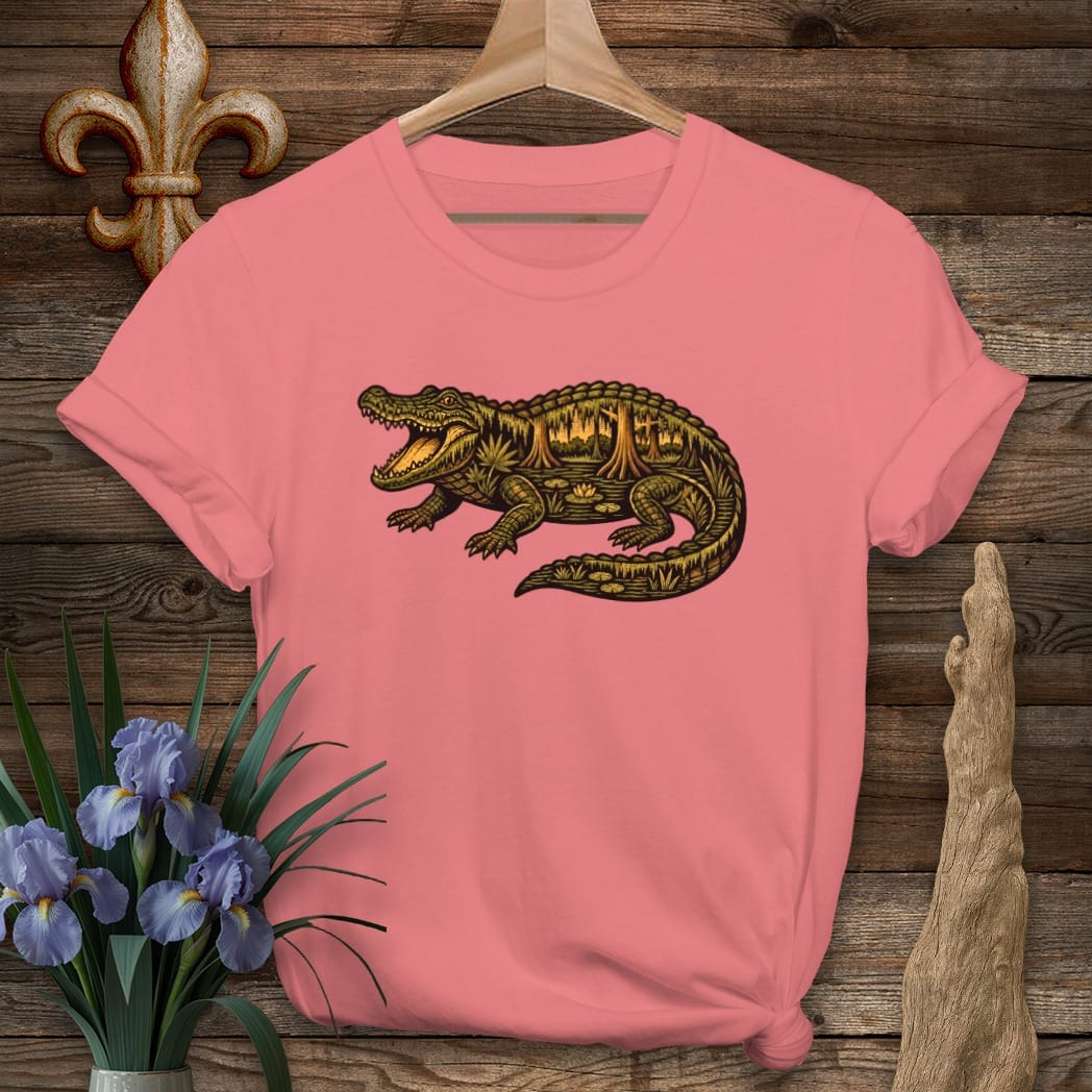 S / Coral Silk Louisiana Swamp Gator T-Shirt by Laissez Faire Wear