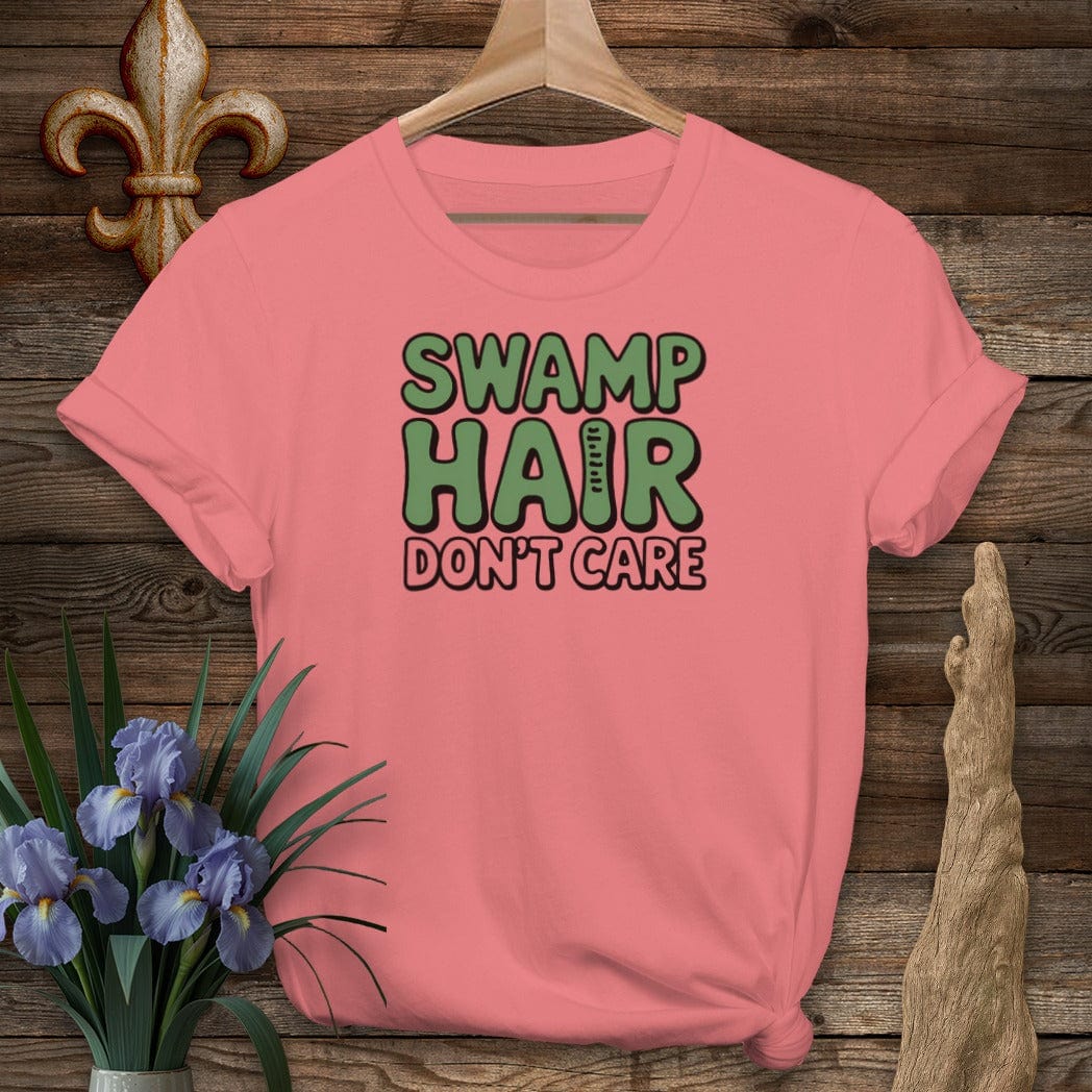 S / Coral Silk Louisiana Swamp Hair Don't Care T-Shirt by Laissez Faire Wear