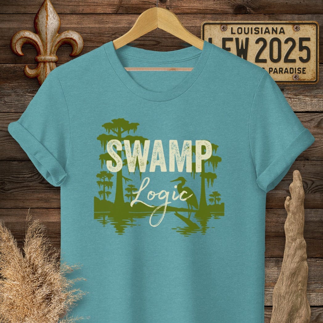 S / Heather Galapagos Blue Louisiana Swamp Logic T-Shirt by Laissez Faire Wear