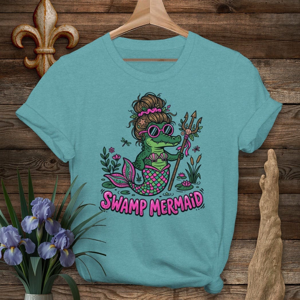 S / Heather Galapagos Blue Louisiana Swamp Mermaid T-Shirt by Laissez Faire Wear