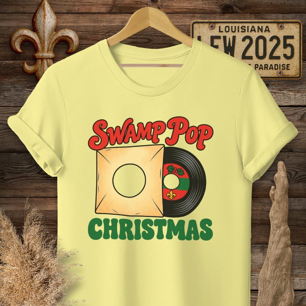 S / Cornsilk Louisiana Swamp Pop Christmas T-Shirt by Laissez Faire Wear