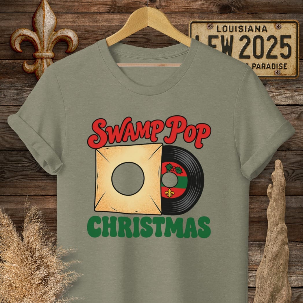S / Heather Military Green Louisiana Swamp Pop Christmas T-Shirt by Laissez Faire Wear