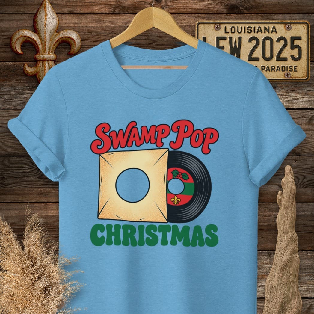 S / Heather Sapphire Louisiana Swamp Pop Christmas T-Shirt by Laissez Faire Wear