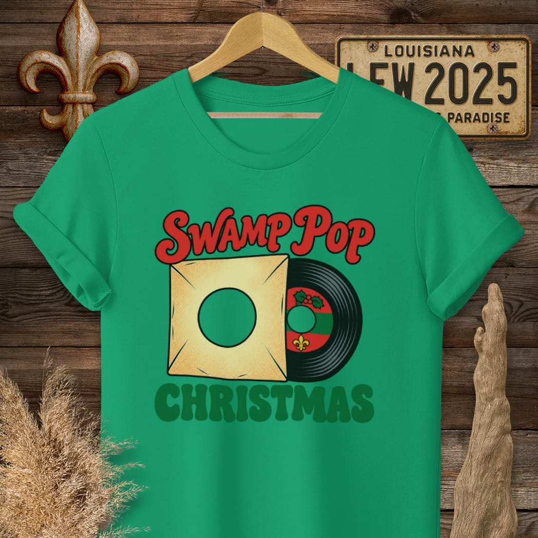 S / Kelly Green Louisiana Swamp Pop Christmas T-Shirt by Laissez Faire Wear