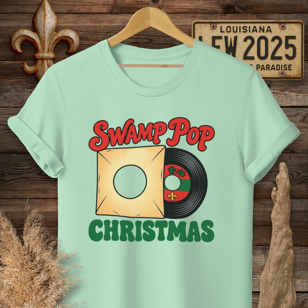 S / Mint Green Louisiana Swamp Pop Christmas T-Shirt by Laissez Faire Wear
