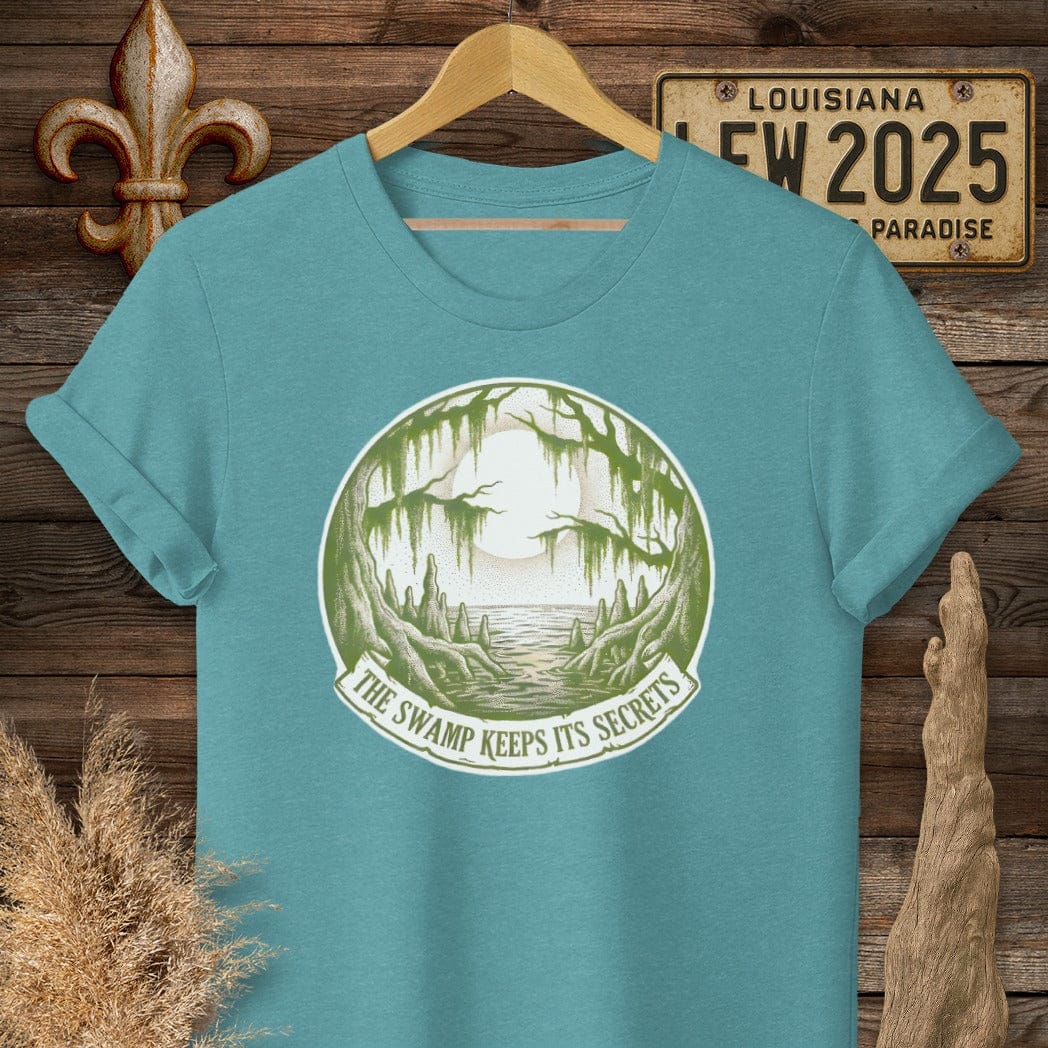 S / Heather Galapagos Blue Louisiana Swamp Secrets T-Shirt by Laissez Faire Wear