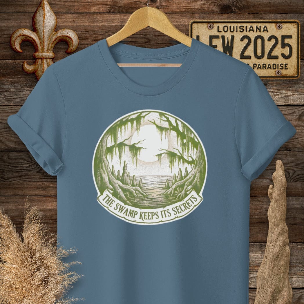 S / Indigo Blue Louisiana Swamp Secrets T-Shirt by Laissez Faire Wear