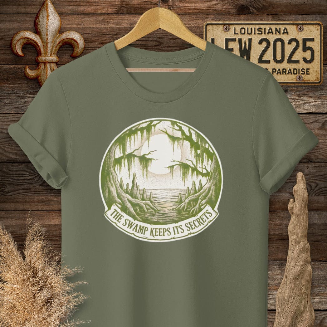 S / Military Green Louisiana Swamp Secrets T-Shirt by Laissez Faire Wear
