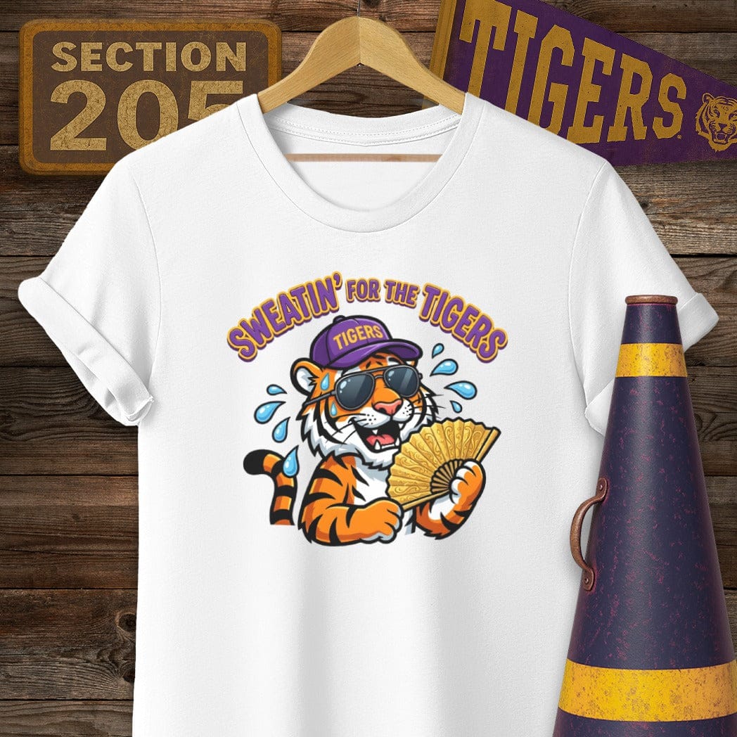 S / White Louisiana Sweatin' For The Tigers T-Shirt by Laissez Faire Wear