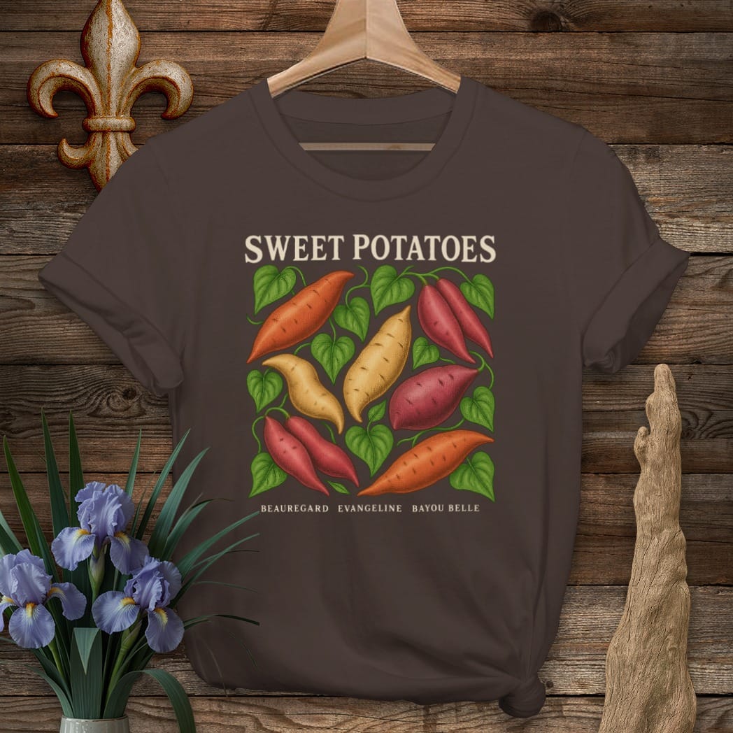 S / Dark Chocolate Louisiana Sweet Potato T-Shirt by Laissez Faire Wear