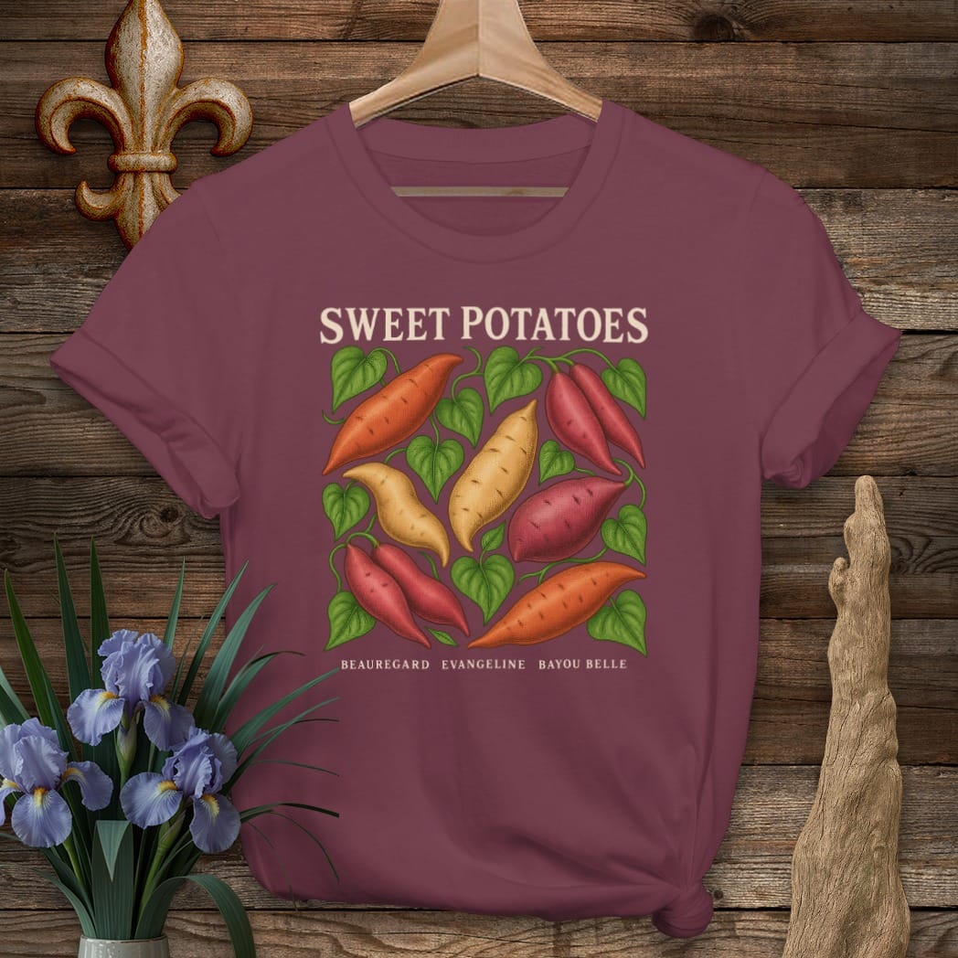 S / Maroon Louisiana Sweet Potato T-Shirt by Laissez Faire Wear