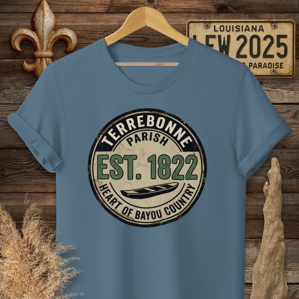 S / Indigo Blue Louisiana Terrebonne Parish T-Shirt by Laissez Faire Wear