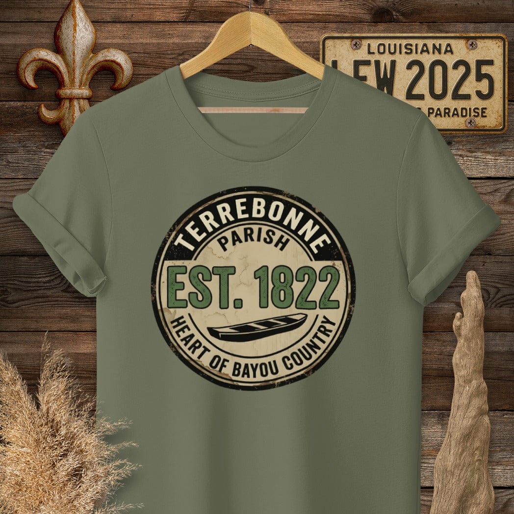S / Military Green Louisiana Terrebonne Parish T-Shirt by Laissez Faire Wear