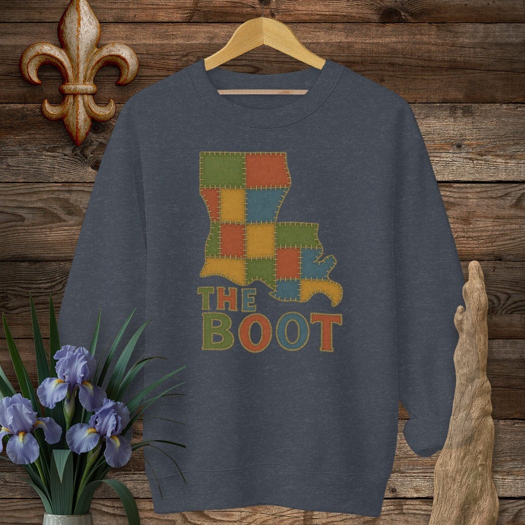 S / Heather Sport Dark Navy Louisiana The Boot Patchwork Sweatshirt by Laissez Faire Wear
