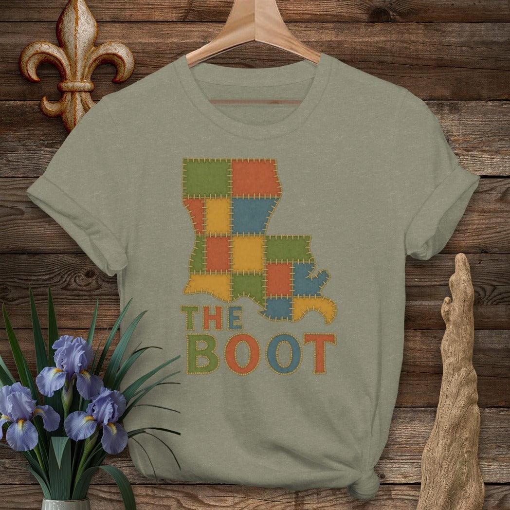 S / Heather Military Green Louisiana The Boot Patchwork T-Shirt by Laissez Faire Wear