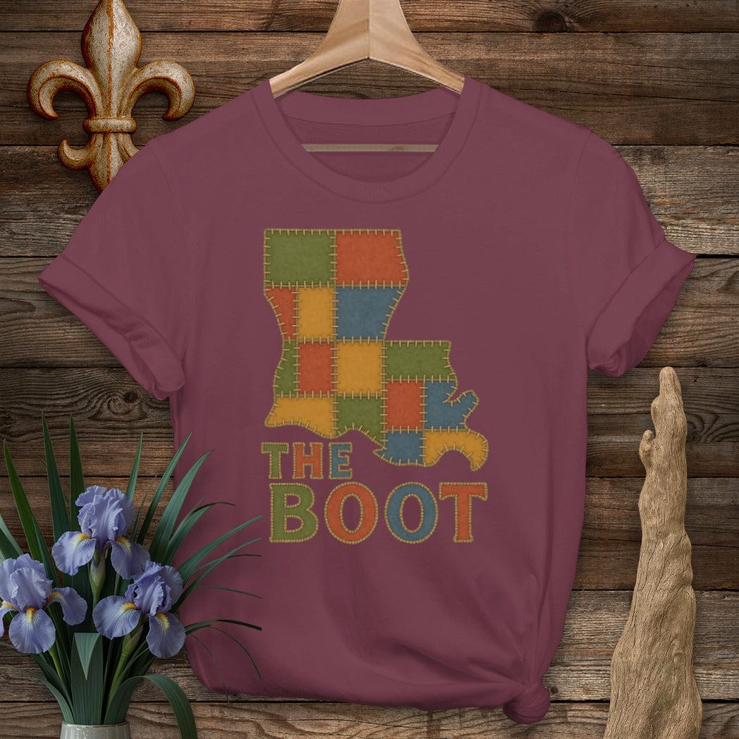 S / Maroon Louisiana The Boot Patchwork T-Shirt by Laissez Faire Wear