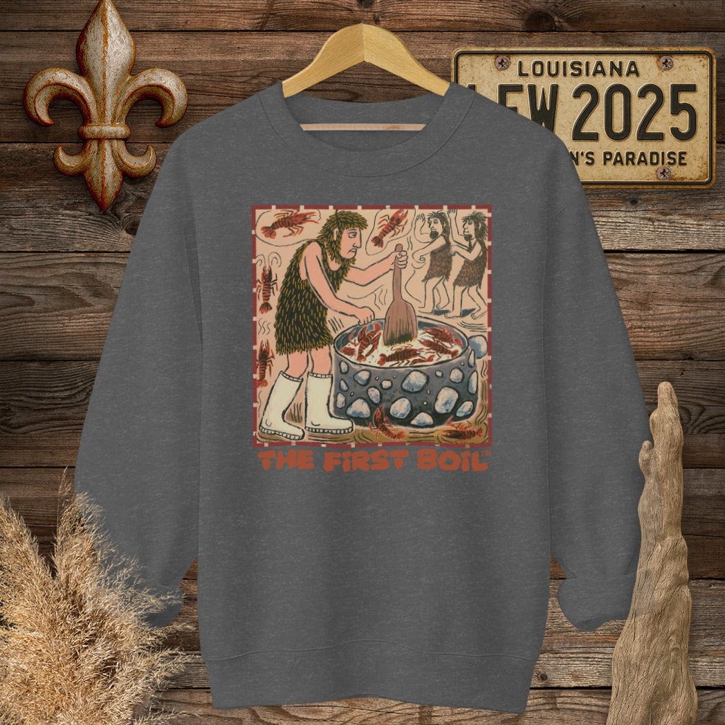 S / Dark Heather Louisiana The First Boil Funny Sweatshirt by Laissez Faire Wear