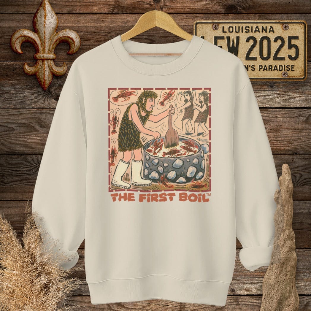 S / Sand Louisiana The First Boil Funny Sweatshirt by Laissez Faire Wear