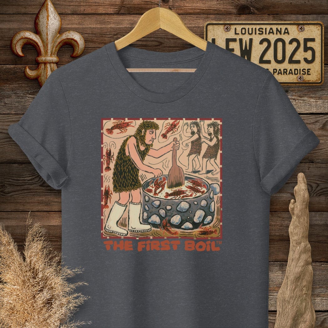 S / Dark Heather Grey Louisiana The First Boil Funny T-Shirt by Laissez Faire Wear