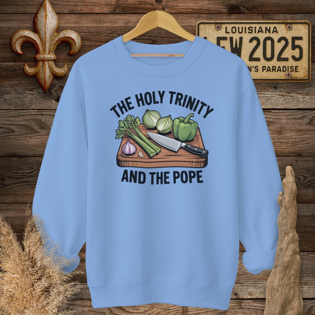 S / Carolina Blue Louisiana The Holy Trinity and the Pope Louisiana Cooking Sweatshirt by Laissez Faire Wear