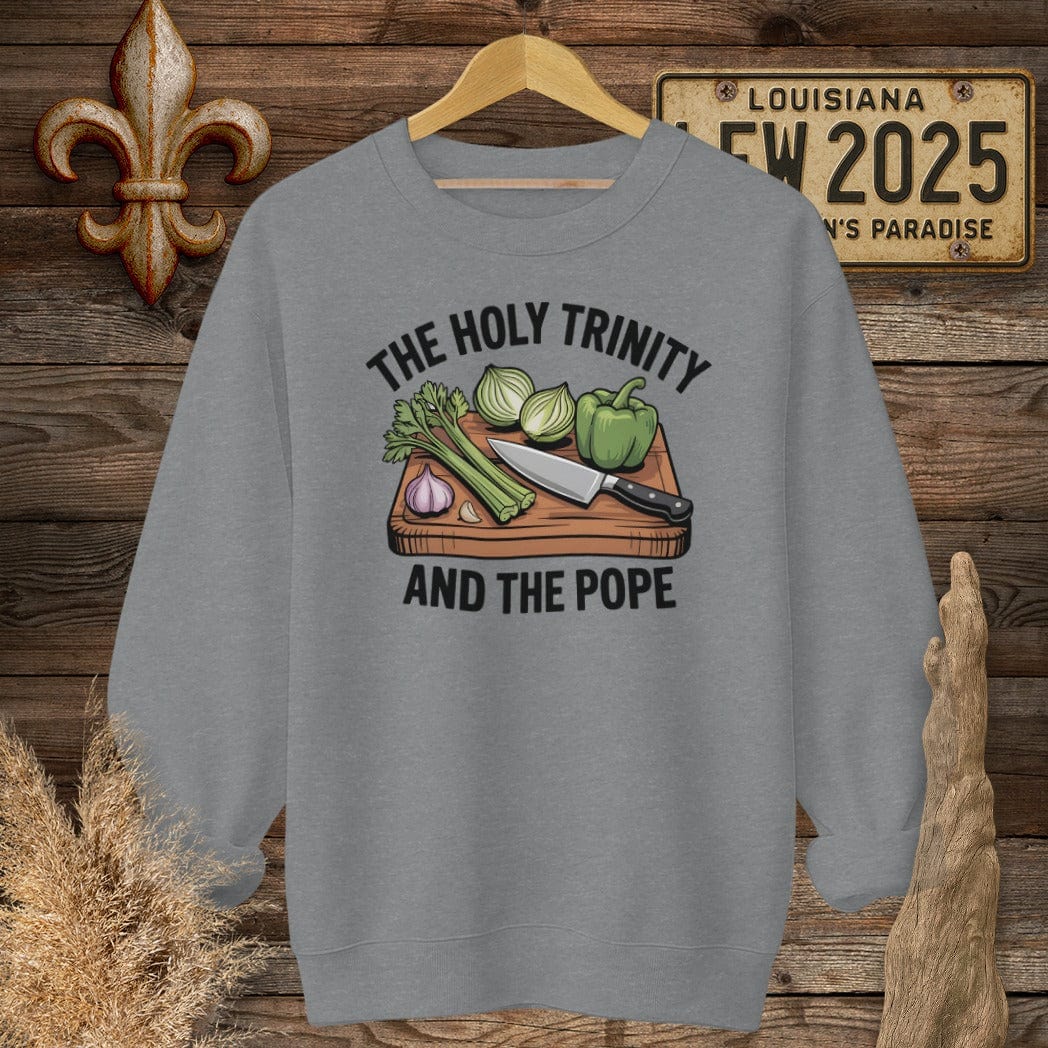 S / Graphite Heather Louisiana The Holy Trinity and the Pope Louisiana Cooking Sweatshirt by Laissez Faire Wear