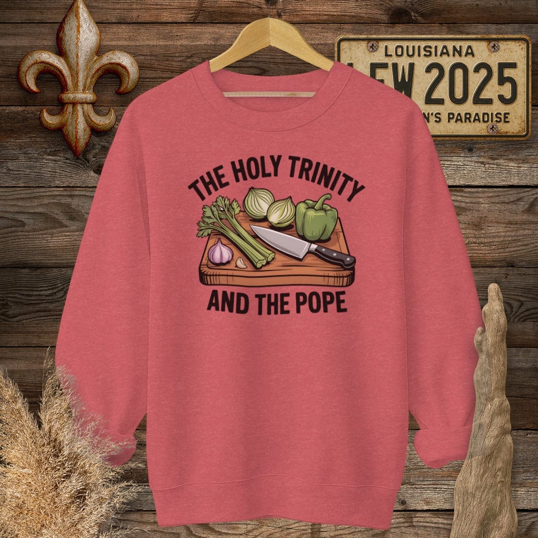S / Heather Scarlet Red Louisiana The Holy Trinity and the Pope Louisiana Cooking Sweatshirt by Laissez Faire Wear