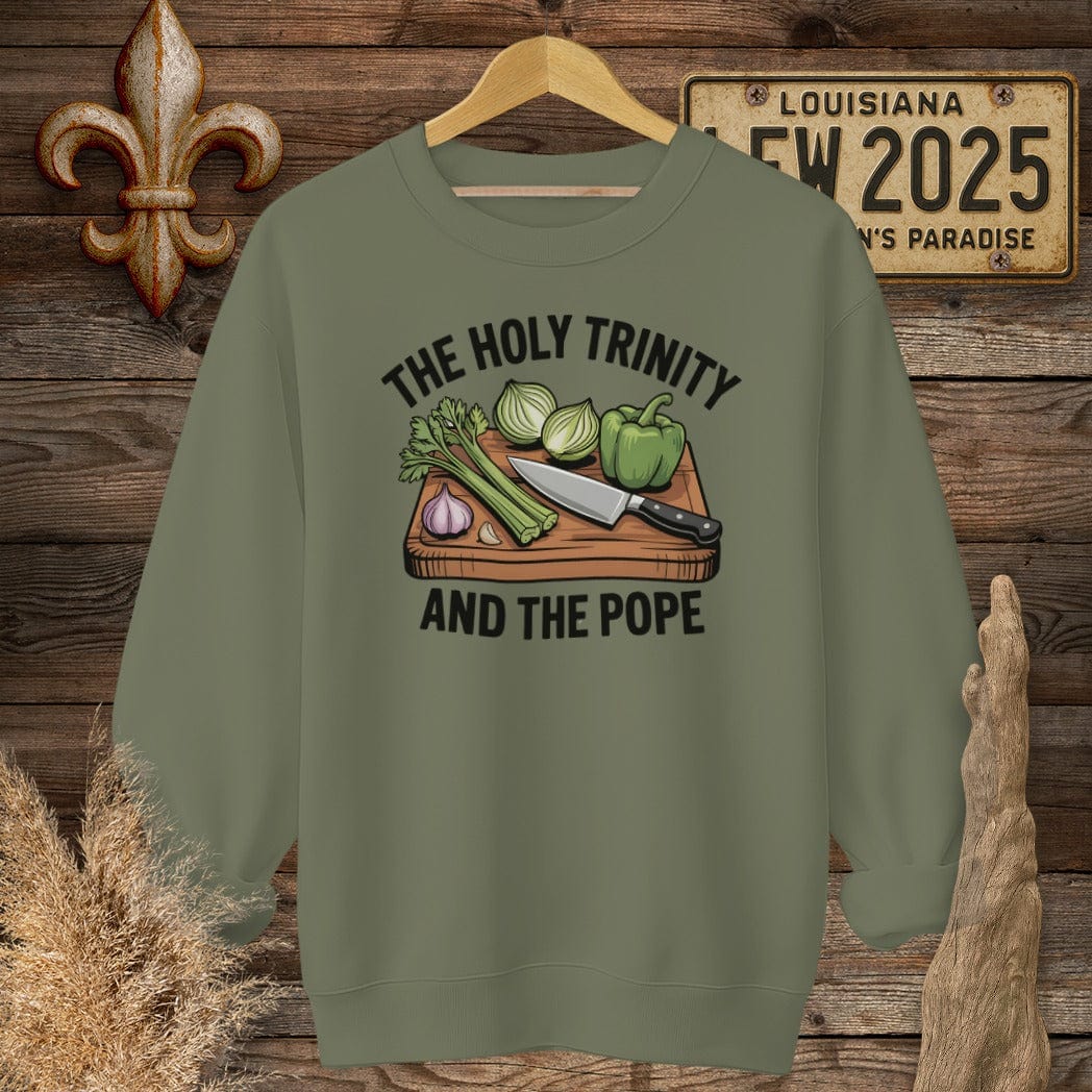 S / Military Green Louisiana The Holy Trinity and the Pope Louisiana Cooking Sweatshirt by Laissez Faire Wear