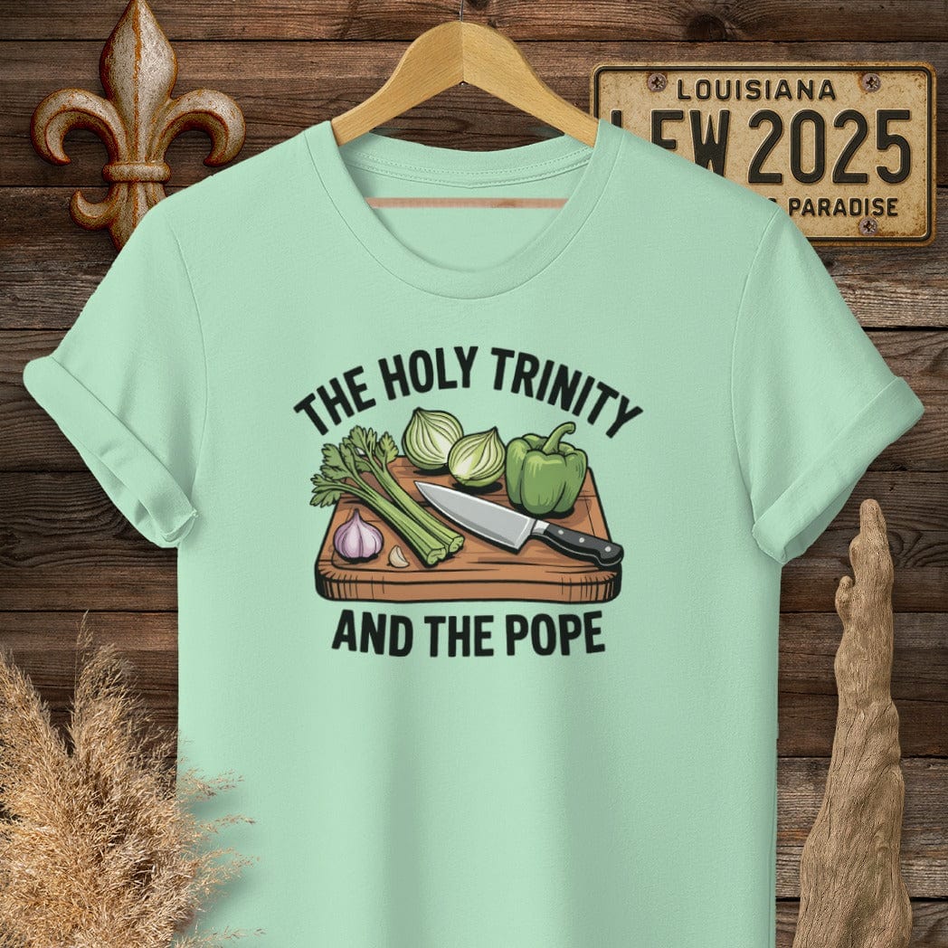 S / Mint Green Louisiana The Holy Trinity and the Pope Louisiana Cooking T-Shirt by Laissez Faire Wear
