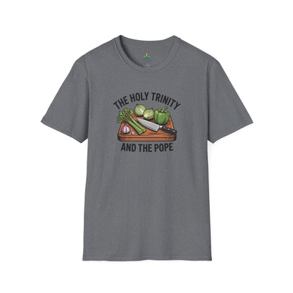 Graphite Heather / S Louisiana "The Holy Trinity & The Pope" Cajun Cooking T-Shirt by Laissez Faire Wear