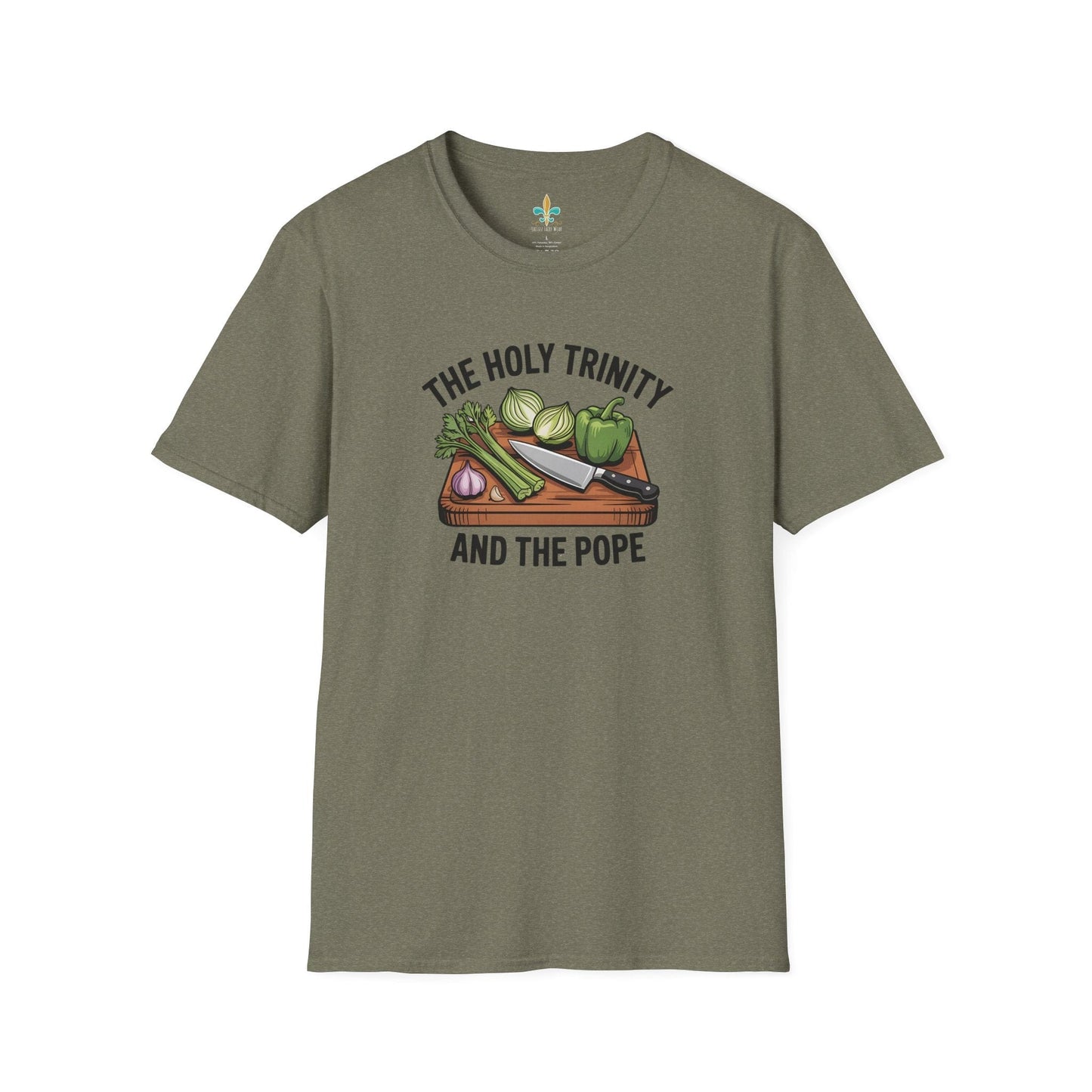 Heather Military Green / S Louisiana "The Holy Trinity & The Pope" Cajun Cooking T-Shirt by Laissez Faire Wear