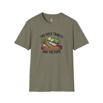 Heather Military Green / S Louisiana "The Holy Trinity & The Pope" Cajun Cooking T-Shirt by Laissez Faire Wear