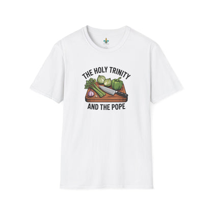 White / S Louisiana "The Holy Trinity & The Pope" Cajun Cooking T-Shirt by Laissez Faire Wear