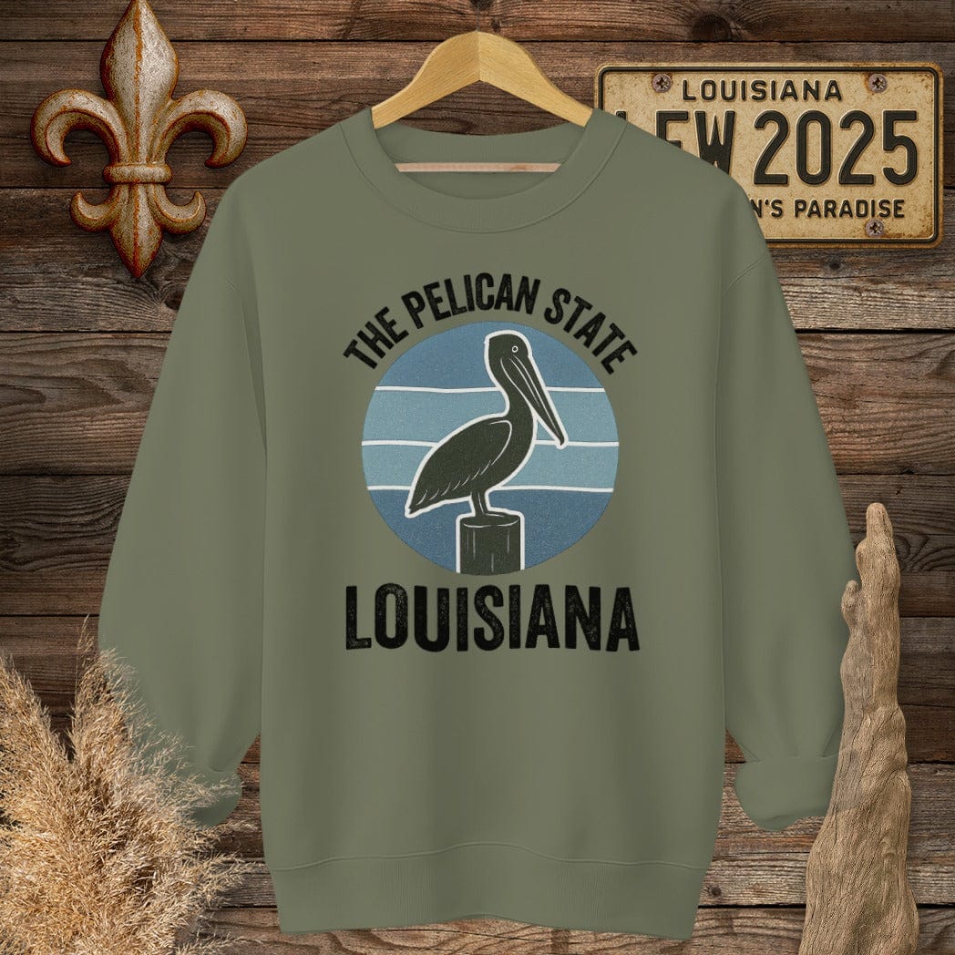 S / Military Green Louisiana The Pelican State Retro Sweatshirt by Laissez Faire Wear
