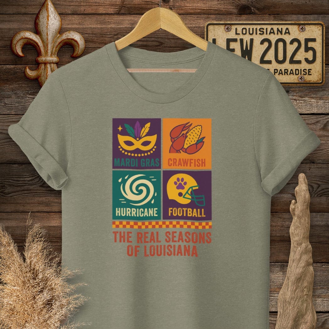 S / Heather Military Green Louisiana The Real Seasons of Louisiana T-Shirt by Laissez Faire Wear