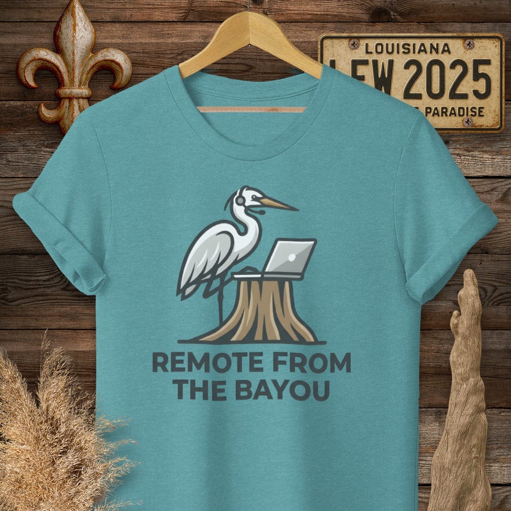 S / Heather Galapagos Blue Louisiana The Zoomin' Egret T-Shirt by Laissez Faire Wear