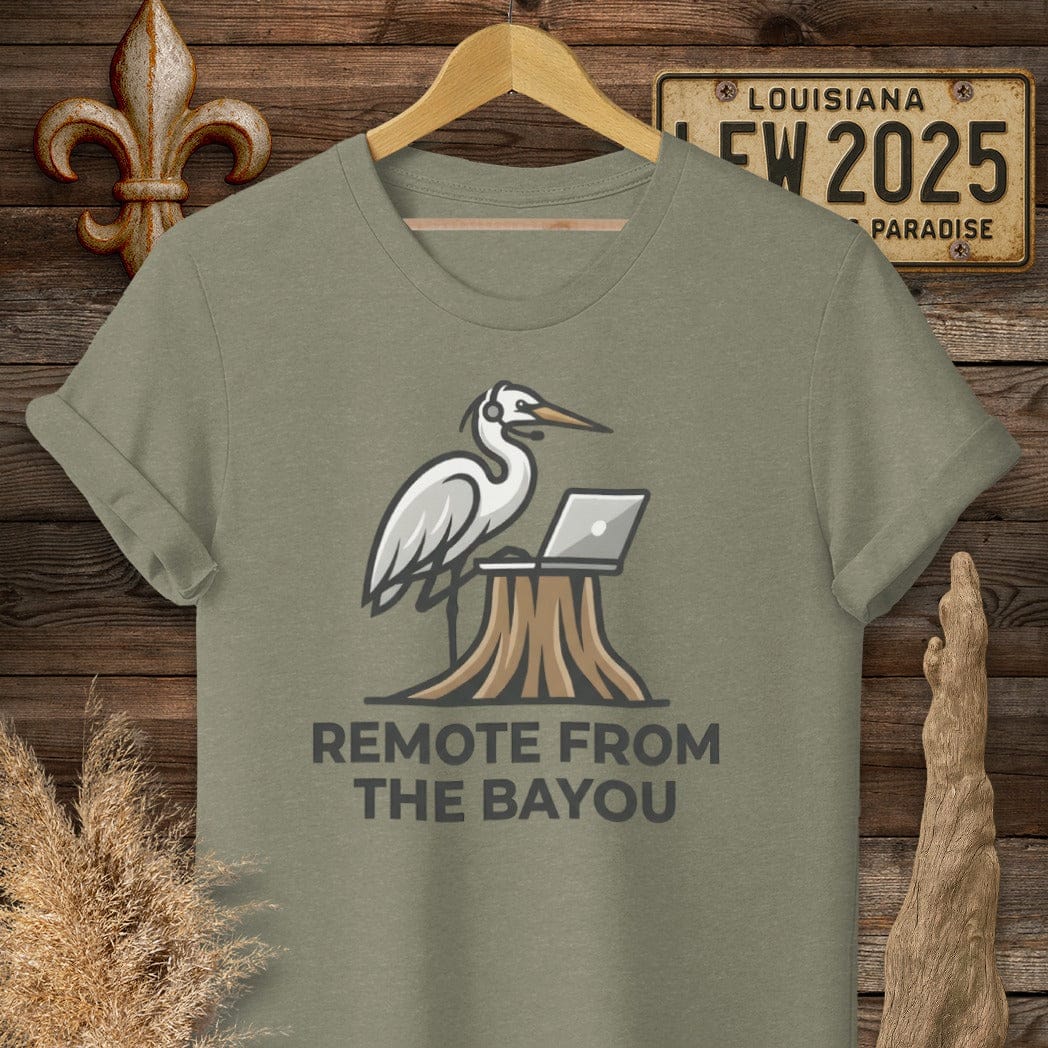 S / Heather Military Green Louisiana The Zoomin' Egret T-Shirt by Laissez Faire Wear
